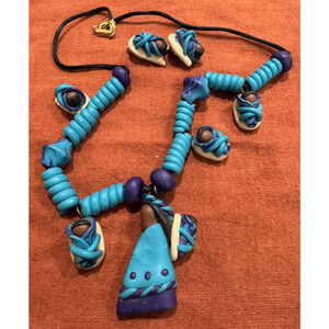 Vtg Native American Clay Woman Papoose Storyteller Necklace Earrings Set Signed